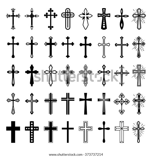 基督教十字架图标 矢量线黑色基督教交叉设置在白色背景库存矢量图 免版税