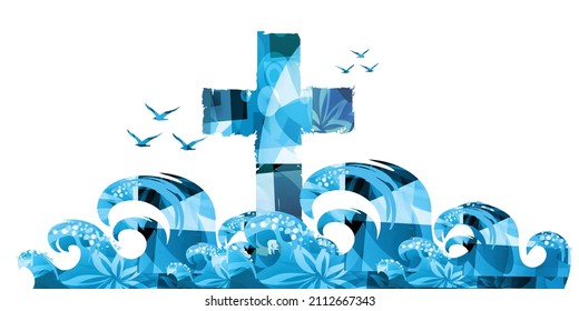 Christian cross isolated with waves and seagulls vector illustration. Religion themed background. Design for Christianity, prayer and care, church service, communion, charity, help and support