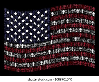 Christian cross items are arranged into waving United States flag stylization on a dark background. Vector composition of American state flag is created with Christian cross elements.