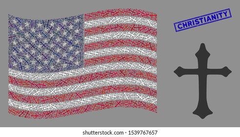 Christian cross items are combined into USA flag stylization with blue rectangle distressed stamp seal of Christianity phrase.
