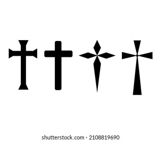 Christian cross. Jesus Christ crucifix, different shapes of crosses religious silhouette signs 