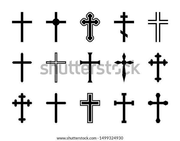 十字架 イエス キリスト十字架 正統派と触媒派の十字形の異なる形の宗教的シルエット記号ベクター画像装飾芸術の神デザインセット のベクター画像素材 ロイヤリティフリー
