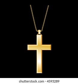 Christian Cross Jewelry, gold vintage old fashioned religious keepsake necklace, gold chain.  Isolated on black background.