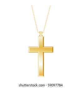 Christian Cross Jewelry, gold vintage old fashioned religious keepsake necklace, gold chain. Isolated on a white background. EPS8 compatible.