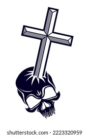 Christian cross kills dead head skull of Satan, Devil and God fight, good and evil struggles, good always defeats evil.