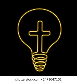 Christian Kreuz und Glühbirne in linearem Neon-Effekt