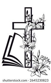 Christian  cross with lilies and  lilies on the background of an open book glowing  on a  white background.Black.Isolated, close-up