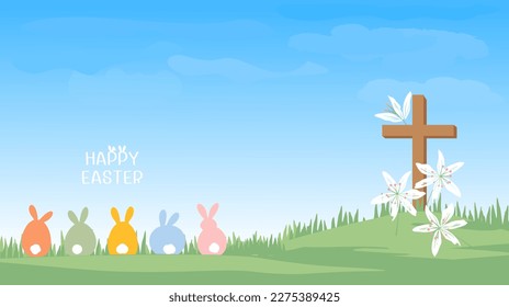 Christian cross, Lilly flower, bunny rabbit cartoons and green field on blue sky background vector illustration.