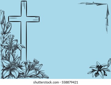 christian cross and  lily on blue background