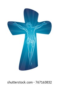 Christian cross with line art crucified jesus on blue background multiple exposure. Crucifix. Crucifixion. Religious sign