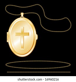 Christian Cross Locket Jewelry, vintage engraved oval antique gold necklace, chain, old fashioned religious keepsake. EPS8 compatible. Isolated on black background.