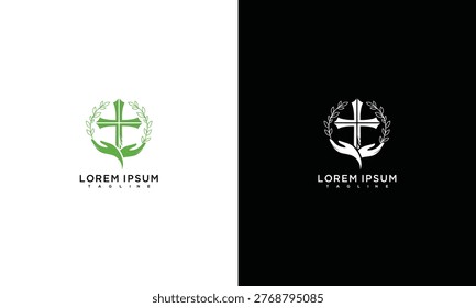 Christian Cross Logo with Hands and Laurel Wreath