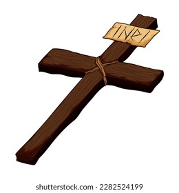 Christian cross lying, in wooden material tied with strings and INRI sign. Cartoon style design.