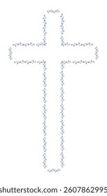 Christian cross made of delicate floral elements with small blue flowers and green leaves on a white background. Elegant religious design for Easter, invitations and inspirational projects.