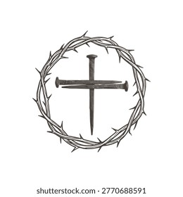 Christian Cross Made of Rusty Nails and Crown of Thorns  Good Friday Religious Symbolism