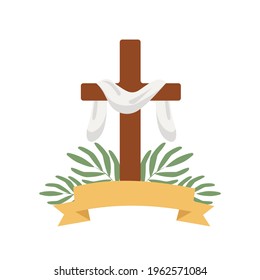 Christian cross made of wood, covered with white cloth, shaded with a place for signature, behind which there are palm branches