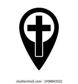 Christian cross with map point icon. Religion GPS symbol. Vector illustration. Location of church