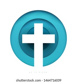 Christian cross in minimal trendy geometric paper cut style. Creative modern religious concept. Colorful vector illustration. Background for greeting card, banner, cover.