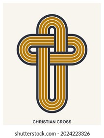 Christian cross modern linear style vector symbol isolated on white, faith and belief contemporary crucifix sign of Jesus Christ stripy graphic design.