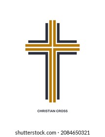 Christian cross modern linear style vector symbol isolated on white, faith and belief contemporary crucifix sign of Jesus Christ stripy graphic design.