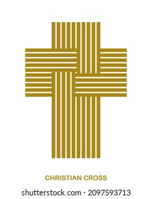 Christian cross modern linear style vector symbol isolated on white, faith and belief contemporary crucifix sign of Jesus Christ stripy graphic design.