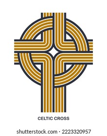 Christian cross modern linear style vector symbol isolated on white, faith and belief contemporary crucifix sign of Jesus Christ stripy graphic design.