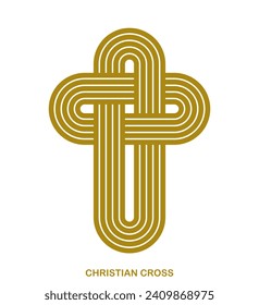 Christian cross modern linear style vector symbol isolated on white, faith and belief contemporary crucifix sign of Jesus Christ stripy graphic design.