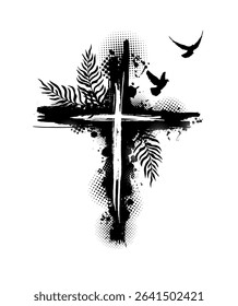 Christian cross monochrome with palm leaves and birds. He is risen hand drawn. Not AI, Vector.