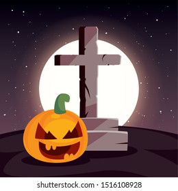 christian cross with moon in cemetery scene