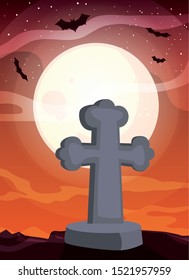 christian cross with moon in scene of halloween vector illustration design