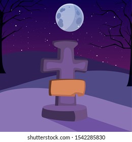 christian cross with moon in scene of halloween vector illustration design