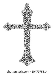 Christian Cross mosaic of dollars. Vector dollar pictograms are grouped into christian cross collage.