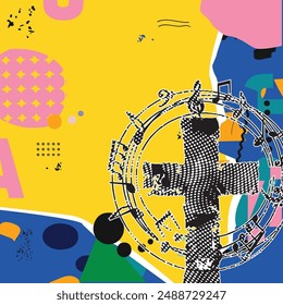 Christian cross with music notes collage background - vector. Religion themed poster. Design for gospel church music, concert, festival, choir singing, Christianity, prayer	