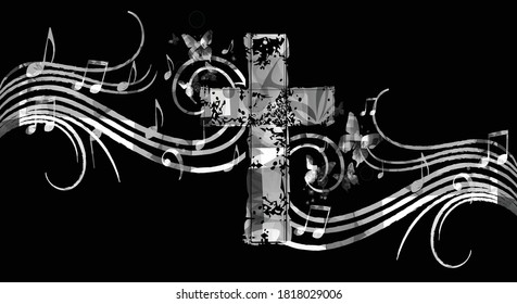 Christian cross with music notes vector illustration. Religion themed background. Design for gospel church music, choir singing, concert, festival, Christianity, prayer