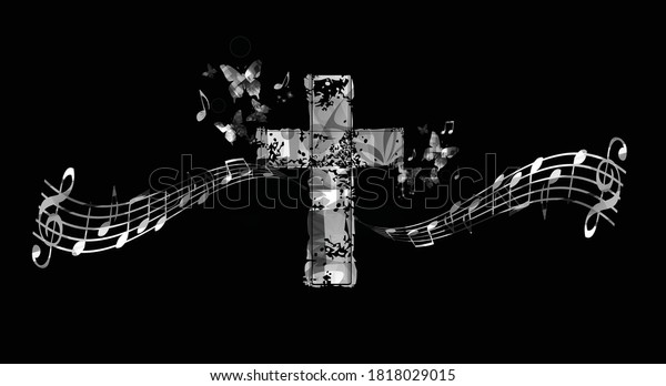 クリスチャン十字架と音楽ノートのベクターイラスト 宗教をテーマにした背景 ゴスペル教会の音楽 合唱隊の歌 コンサート 祭り キリスト教 祈りのデザイン のベクター画像素材 ロイヤリティフリー