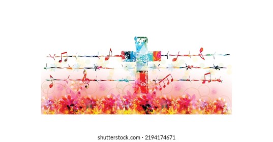 Christian cross with musical notes attached to barbed wire and isolated vector illustration. Religion themed background. Design for Christianity, church service, church choir