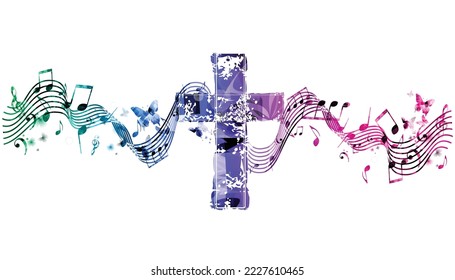 Christian cross with musical notes staff isolated. Vector illustration. Religion themed background. Design for Christianity, church choir, church service, communion and celebrations