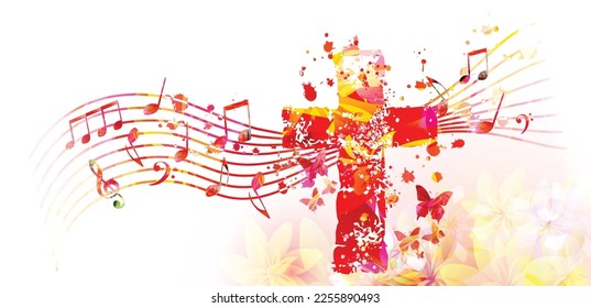 Christian cross with musical notes stave in pink and red colors. Vector illustration. Religion themed design for Christianity, church service, communion and celebrations. Church choir background