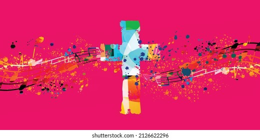 Christian cross with musical notes vector illustration. Religion themed background. Design for gospel church music, choir singing, concert, festival, Christianity, prayer