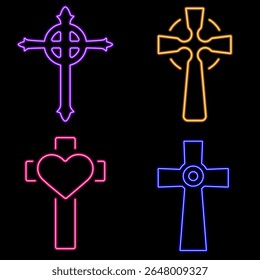 christian cross neon icon group, vector illustration on black background.