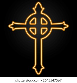 christian cross neon sign, modern glowing banner design, colorful modern design trends on black background. Vector illustration.