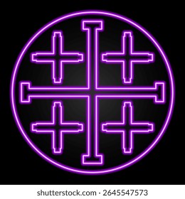 christian cross neon sign, modern glowing banner design, colorful modern design trends on black background. Vector illustration.