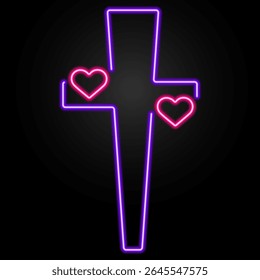 christian cross neon sign, modern glowing banner design, colorful modern design trends on black background. Vector illustration.