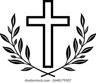 Cruz cristã com ramos de oliveira - Ilustração de vetor preto e branco minimalista
