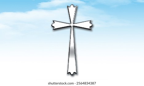 Christian cross on blue sky background, Christian cross with ray on sky background

