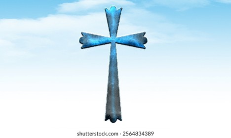 Christian cross on blue sky background, Christian cross with ray on sky background

