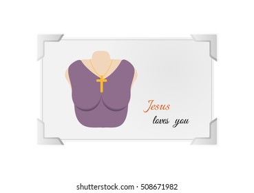 Christian cross on a chain hanging on woman`s neck. Cross as a religious symbol of Jesus Christ`s crucifixion. Illustration contains text: Jesus loves you