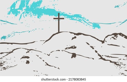 Christian cross on Golgotha mountain. Religion concept illustration. Jesus Christ Crucifixion.