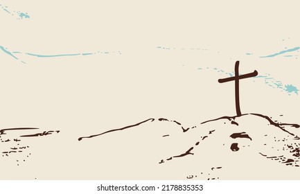 Christian cross on Golgotha mountain. Religion concept illustration. Jesus Christ Crucifixion.