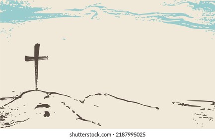 Christian cross on Golgotha mountain. Religion concept illustration. Jesus Christ Crucifixion.